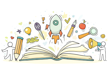 Drawing of a book opened with educational icons