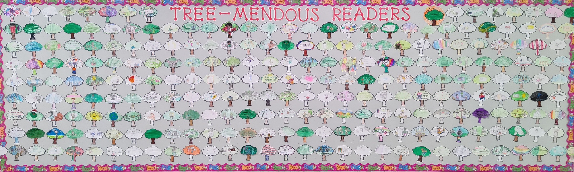 Banner of all colors of trees next to each other with the title Tree-mendous Readers