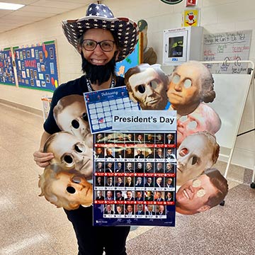 Staff member with Presidents day costume Staff member with Presidents day costume