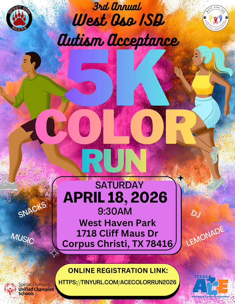 3rd Annual West Oso ISD Autism Acceptance 5K Color Run flyer