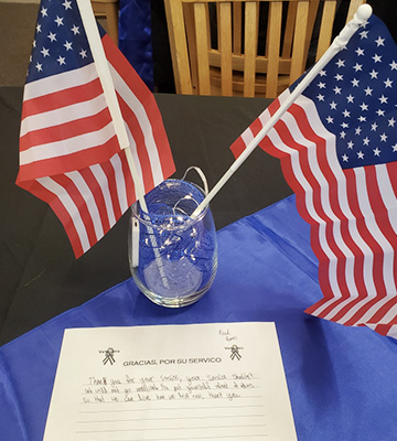 USA flags next to veterans thank you note