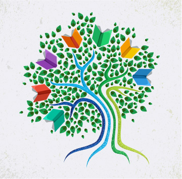 Drawing of a tree with colorful books as leaves