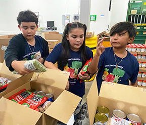Students packing boxes of food