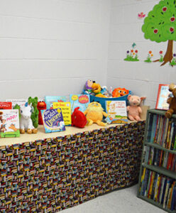 countertop showcasing library book and their correlating stuffed animal character
