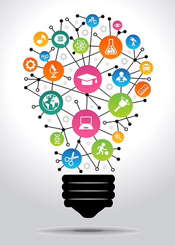 Drawing of a light bulb filled with educational icons