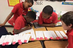 Group of boys in the classroom working together