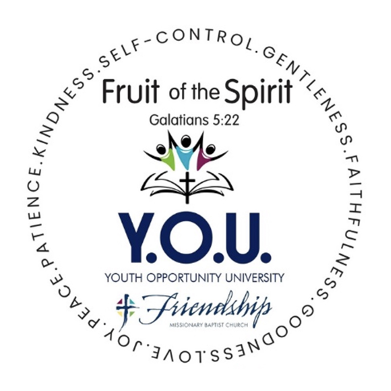 Y.O.U. Youth Opportunity University emblem - Fruit of the Spirit - Galatians 5:22 - Kindness, Self-Control, Gentleness, Faithfulness, Goodness, Love, Joy, Peace, Patience
