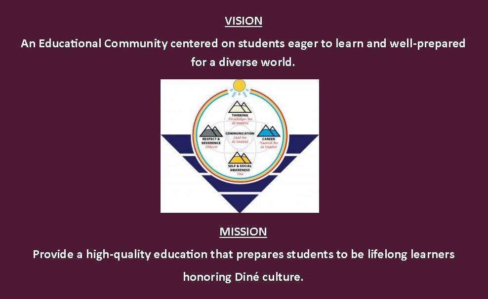 Vision: An educational community centered on students eager to learn and well-prepared for a diverse world. Mission: Provide a high-quality education that prepares students to be lifelong learners honoring Diné culture. With school logo