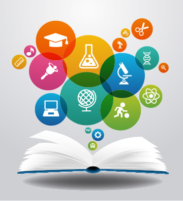 Class subject icons floating out of an open book