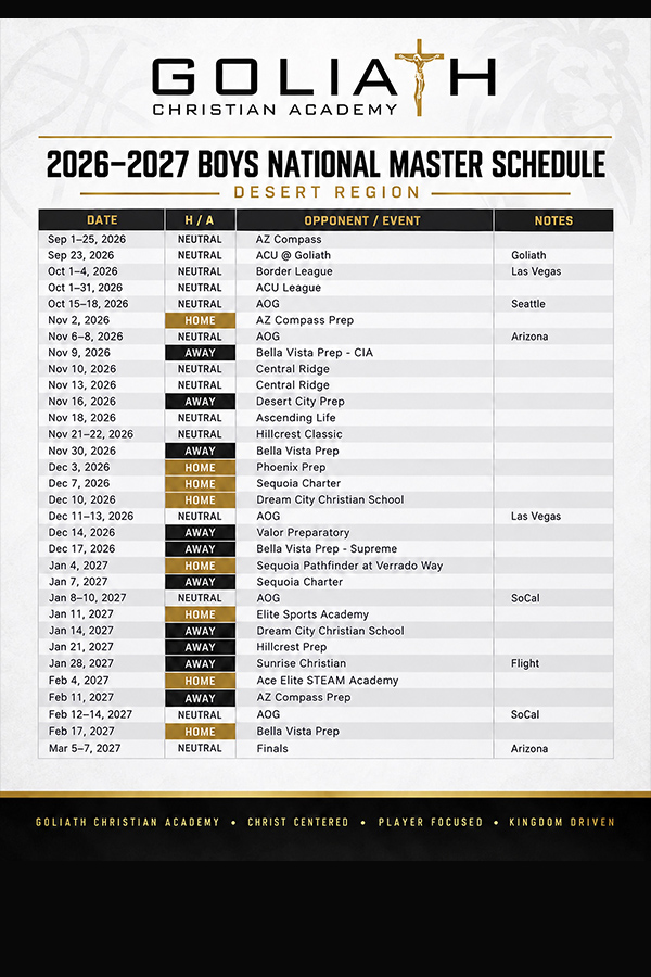 Goliath Christian Academy 2026-2027 Boys National Master Schedule