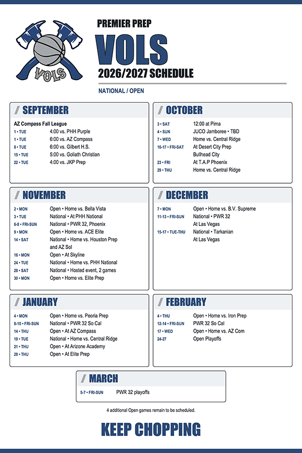 Premier Prep VOLS 2026-2027 Schedule