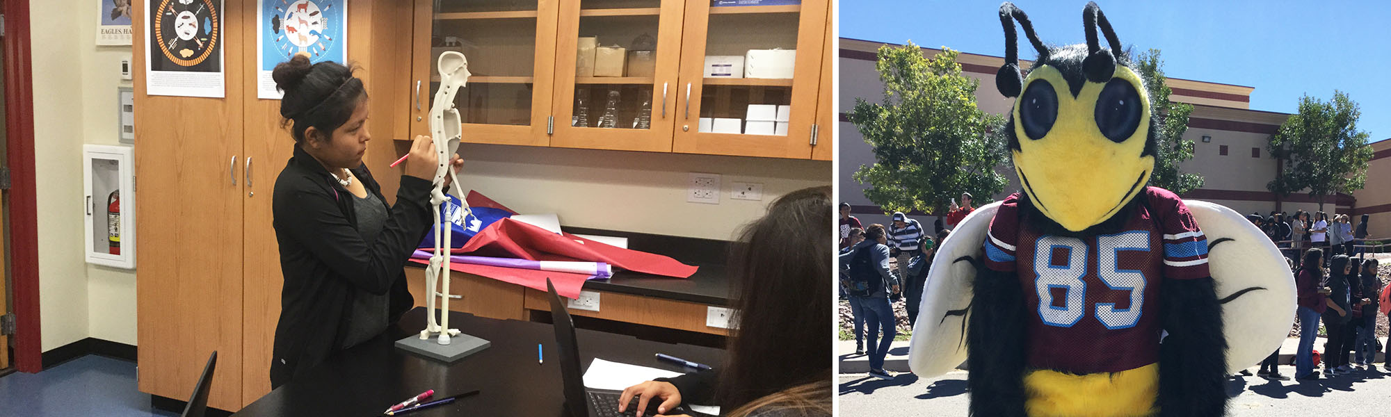Student in the classroom next to school mascot