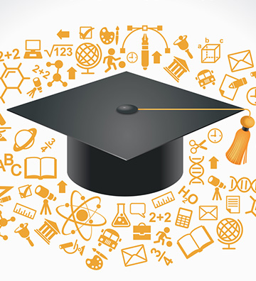 Educational icons around a graduation cap