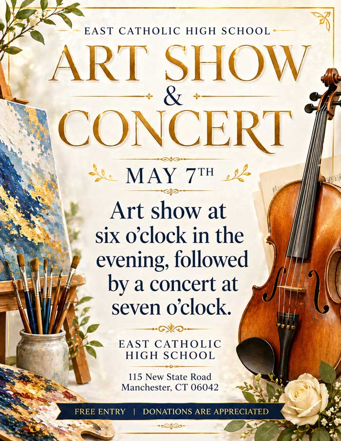 Please join us for our art show and concert on May 7. The art show begins at 6:00 p.m. followed by a concert at 7:00 p.m. at East Catholic High School, 115 New State Road, Manchester, CT 06042. Entry is free, and donations are appreciated.