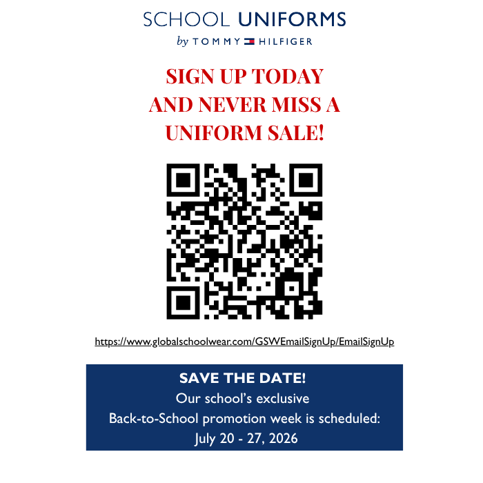 School uniforms by Tommy Hilfiger Sign up today and never miss a uniform sale! https://www.globalschoolwear.com/GSWEmailSignUp/EmailSignUp Save the date! Our school's exclusive Back-to-school promotion week is scheduled: July 20-27, 2026