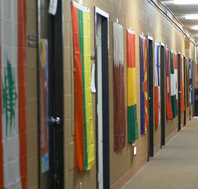 sidebar_graphic_ESL Hallway displaying flags from different countries