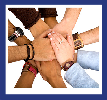 Hands reaching toward the center of the circle and overlapping each other