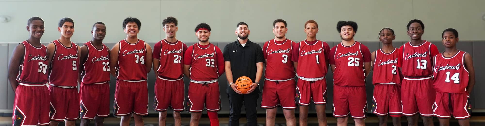 Boys basketball team on the court with their coach