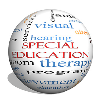 A globe with words pertaining to special education