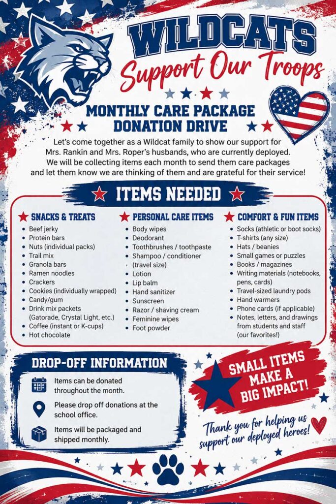 Monthly Care Package Donation Drive flyer