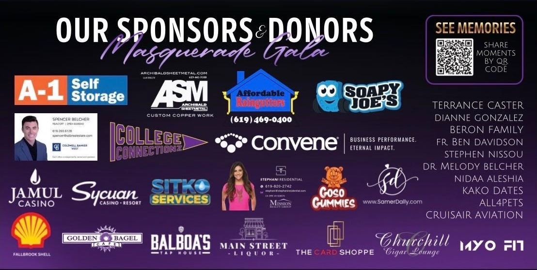 Graphic recognizing sponsors and donors for the St. Kieran Catholic School Masquerade Gala, featuring logos of local businesses and a list of individual donors.