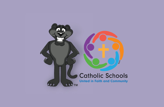 St. Kieran panther mascot next to Catholic Schools United in Faith and Community logo