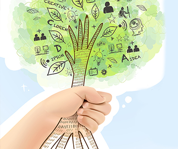 Drawing of a child's hand holding a tree of knowledge