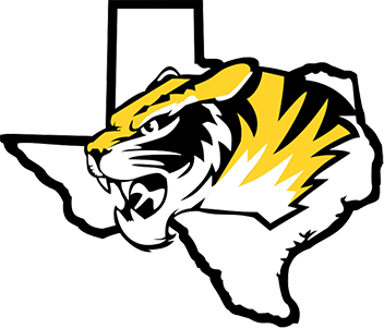 Tiger head over the outline of the state of Texas