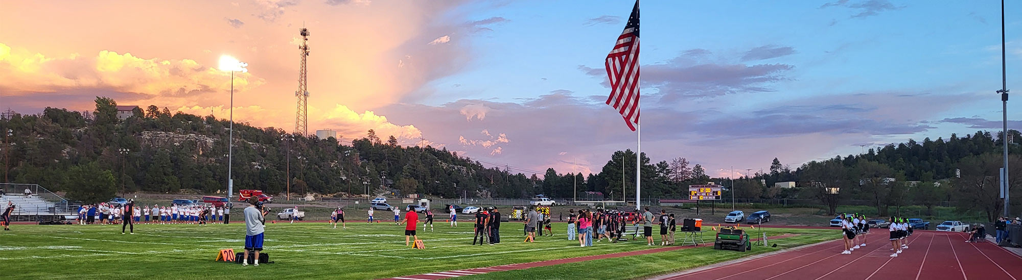 Beautiful view of football field with the USA flag