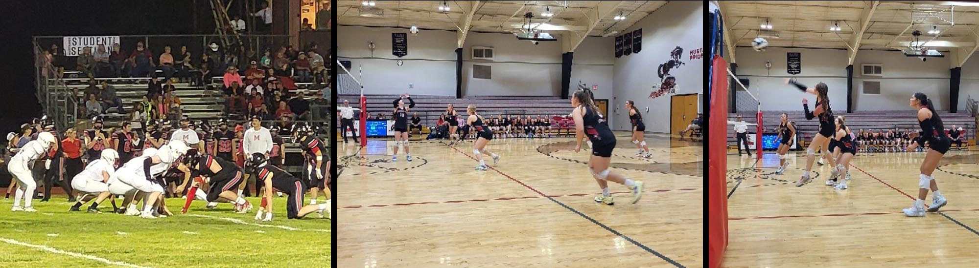 Photo collage of football game and girls volleyball