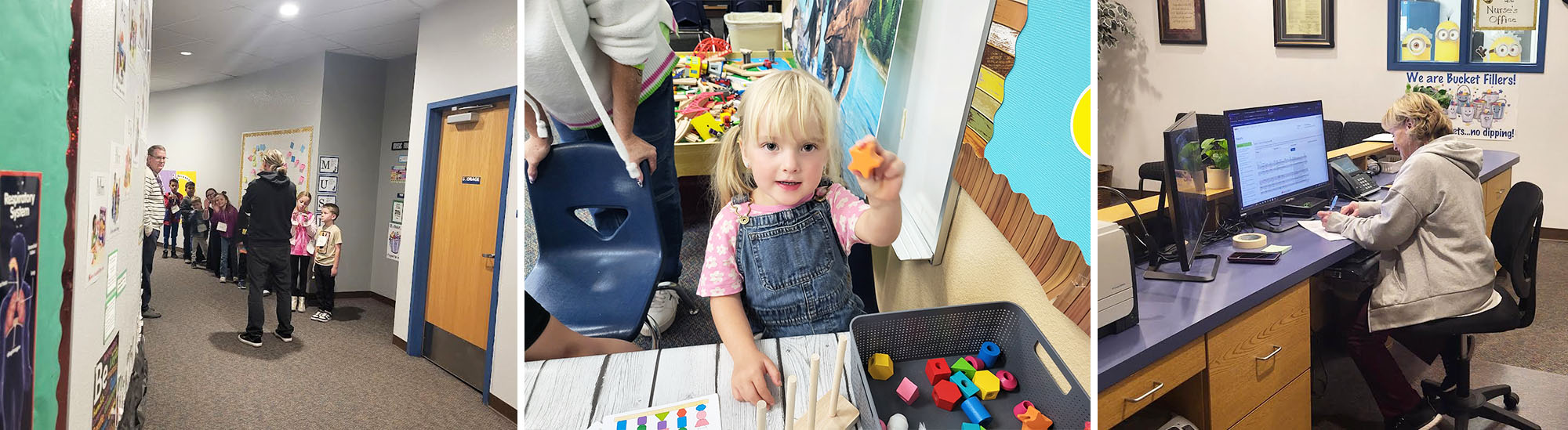 Photo collage of music students in school hallway, preschool holding little star, and Mrs R working from her desk