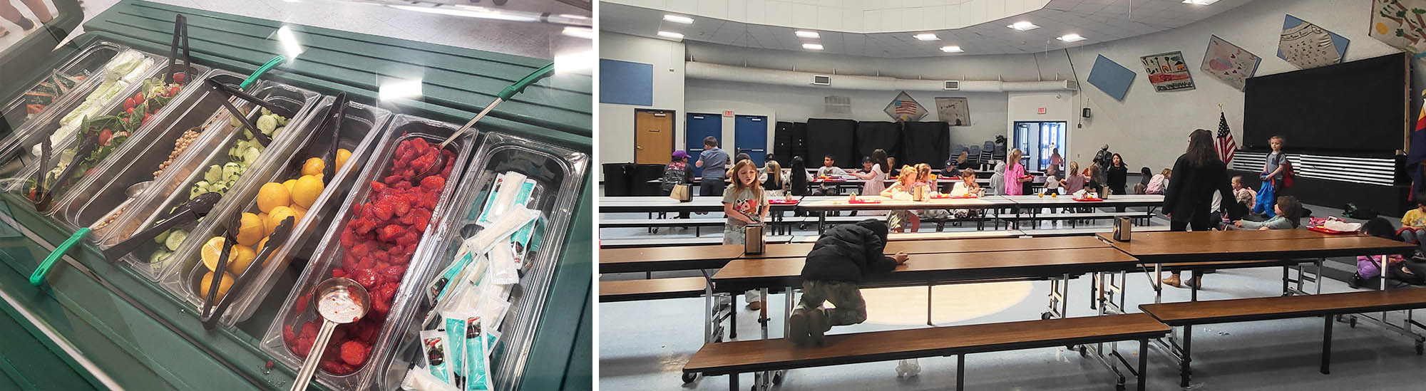 Photo collage of cafeteria lunch bar and students enjoying lunch at the tables