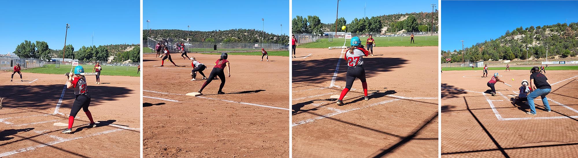 Photo collage of softball players on the field