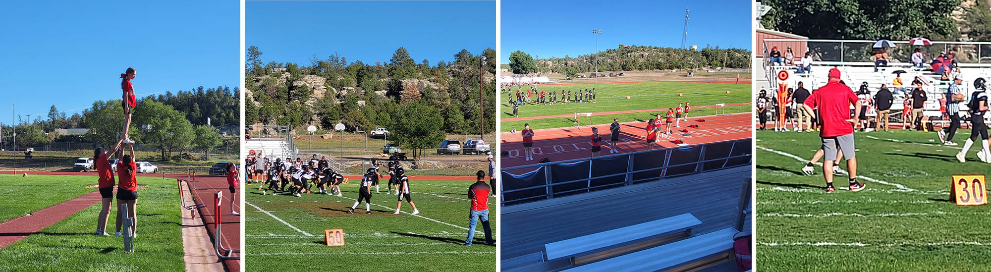Photo collage of football players and cheerleaders on the field