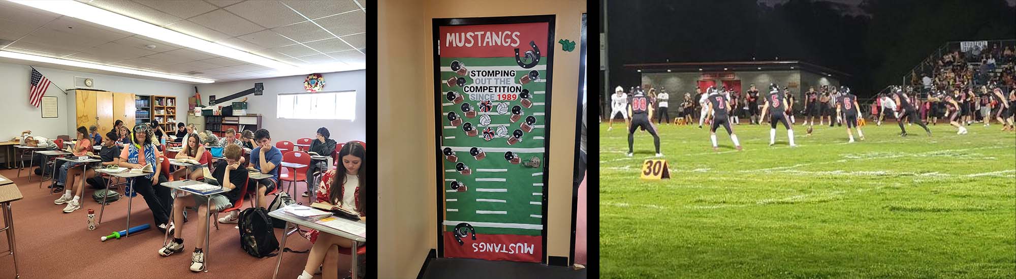 Students working in class, classroom door art, football team playing