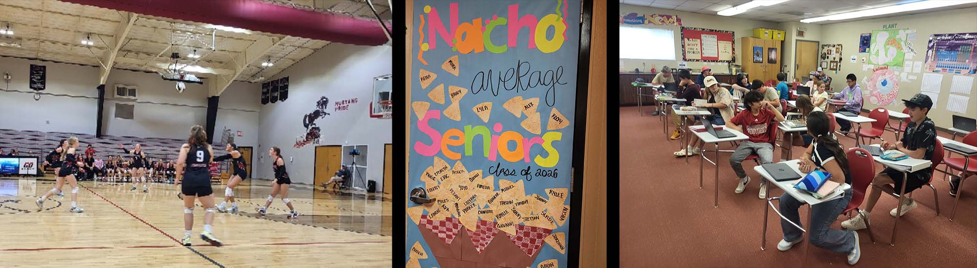 Classroom door art, students playing volleyball, and students in class