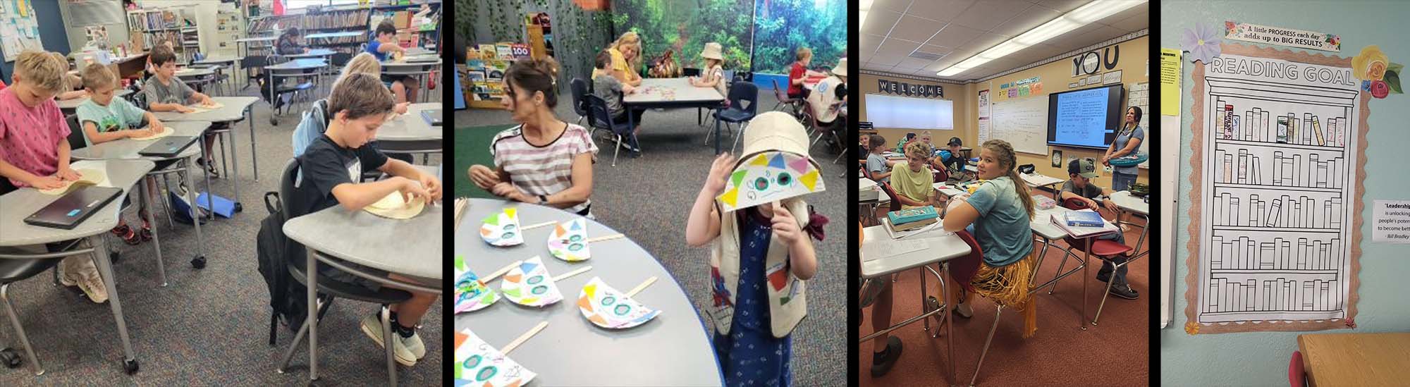 Students working in classrooms and classroom art
