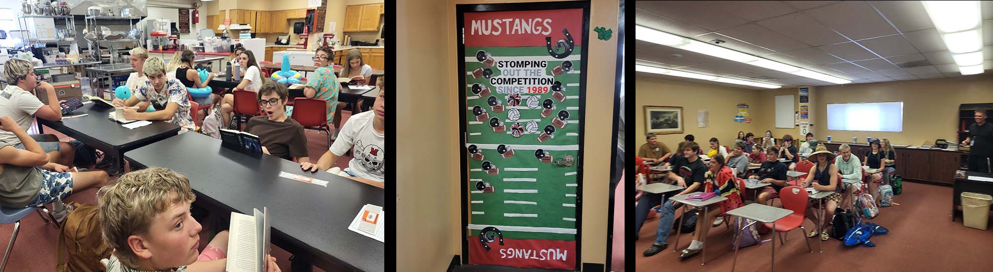 Students in classrooms and decorated classroom door