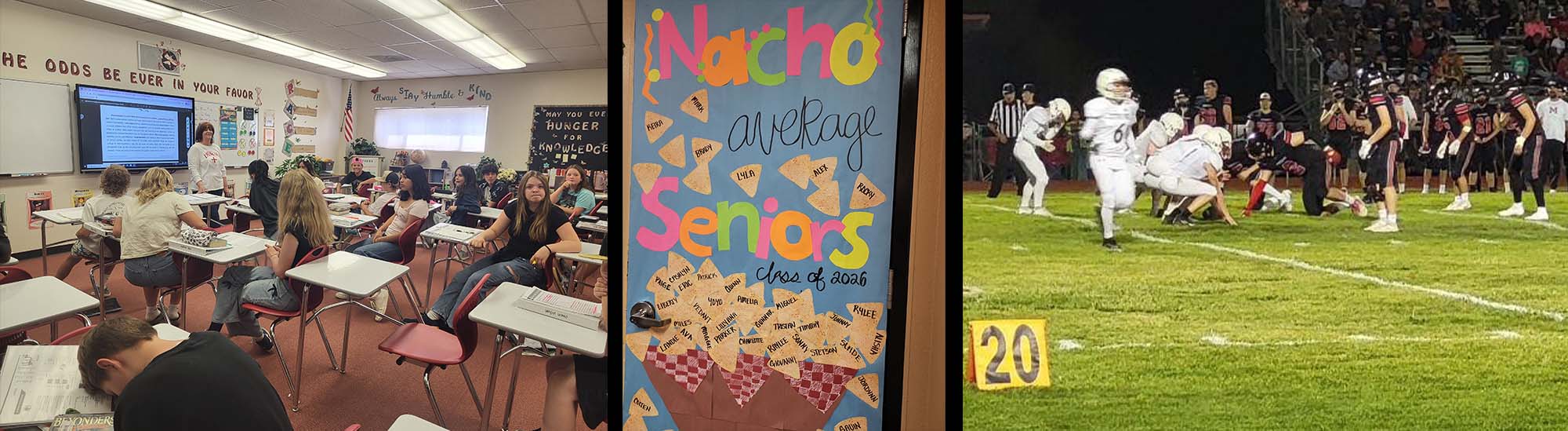 Students in classrooms, classroom door decorations, football team playing