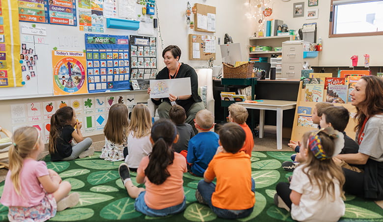 Teacher reading to pre-kindergarten children