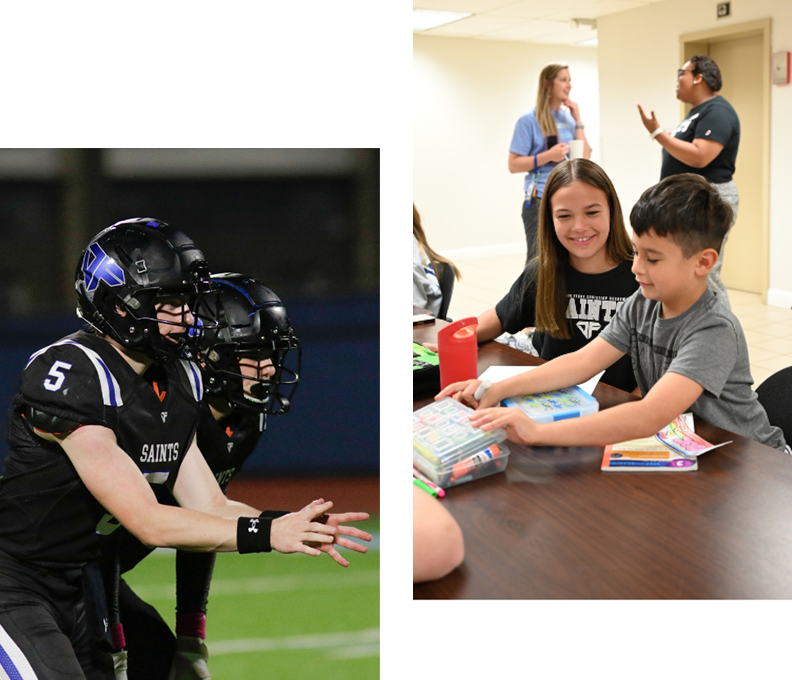 Two football players and students creating art together
