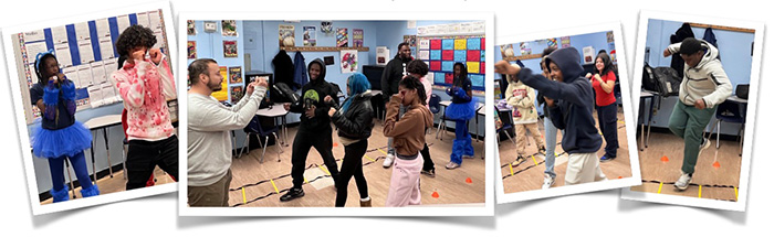 Collage of students learning how to box
