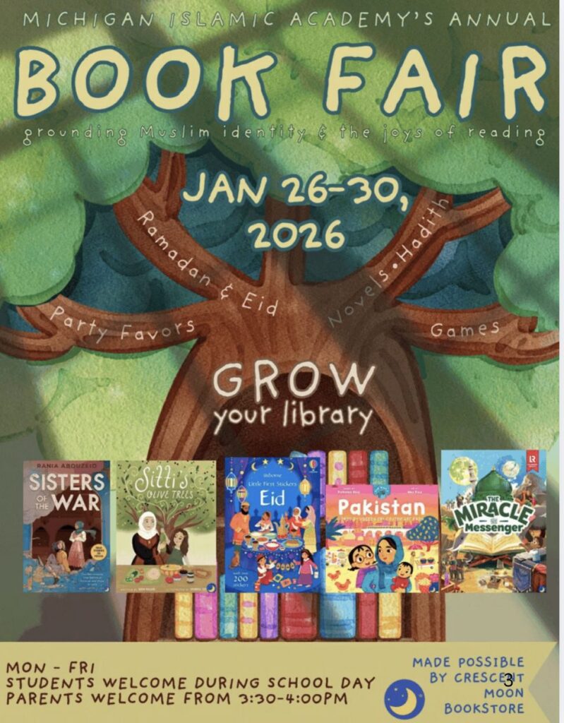 Book Fair Jan 26-30, 2026 - Grow your library flyer | Mon-Fri, Made possible by Crescent Moon Bookstore