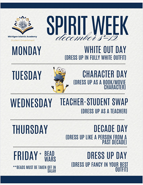 Spirit Week December 8-12 flyer