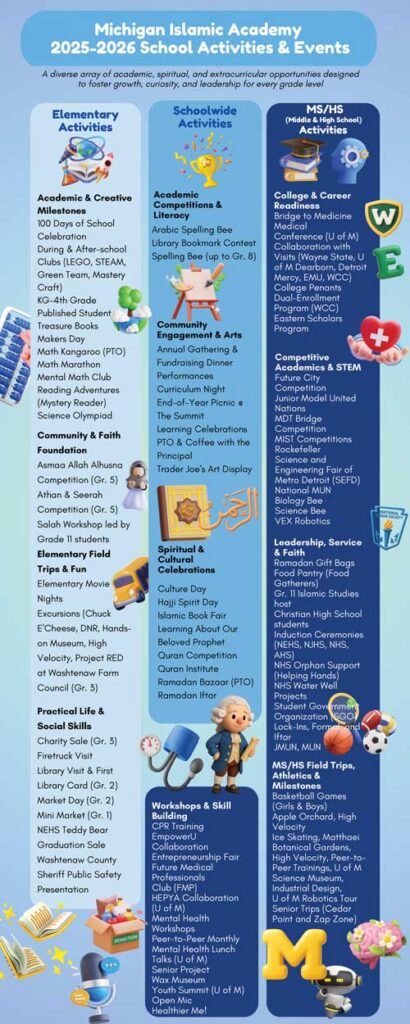 Michigan Islamic Academy 2025-2026 school activities & events flyer