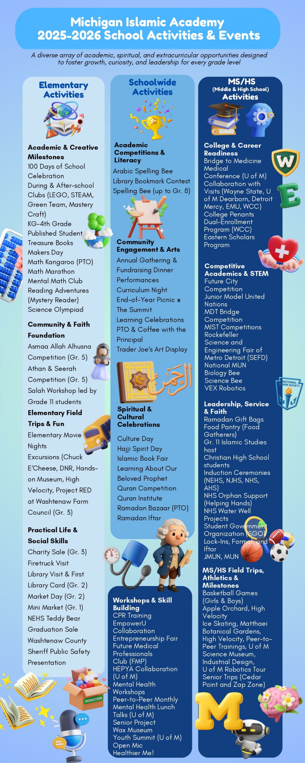 Michigan Islamic Academy 2025-2026 school activities & events flyer
