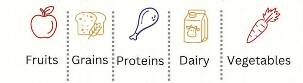 Fruits, Grains, Proteins, Dairy, Vegetables<br />
