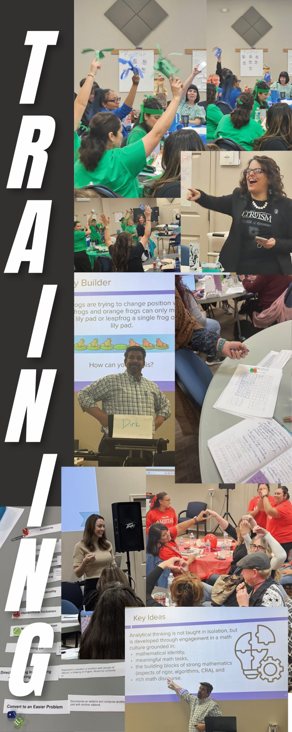 A vertical collage featuring multiple photos from a professional training or workshop, overlaid with the large white text 