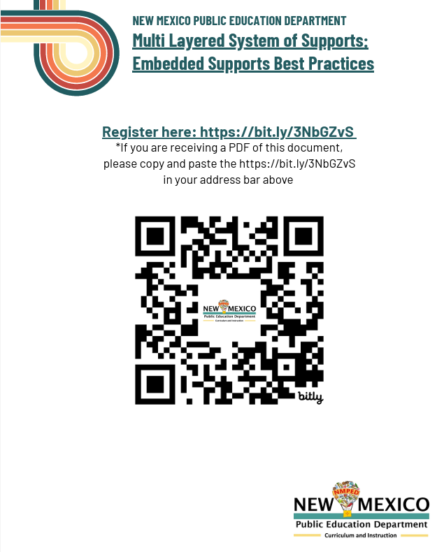 Registration page for the New Mexico Public Education Department MLSS Embedded Supports Best Practices cohort. It features a large QR code and a shortened registration URL: bit.ly/3NbGZvS. The NM PED Curriculum and Instruction logo is displayed at the bottom right.