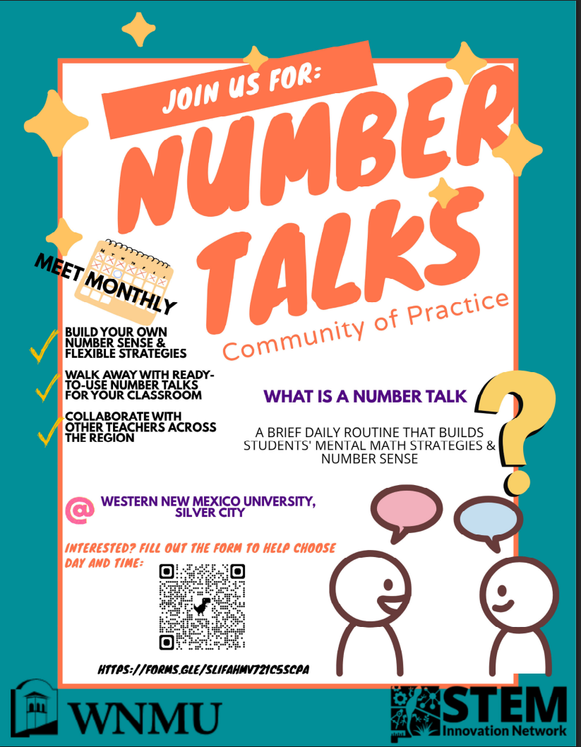 Event flyer for "Join Us For: Number Talks Community of Practice" at Western New Mexico University, Silver City. A monthly group for teachers to build number sense, get classroom-ready routines, and collaborate across the region. Includes a QR code and URL (https://forms.gle/sLiFaHMv721c5SCPA) to register.